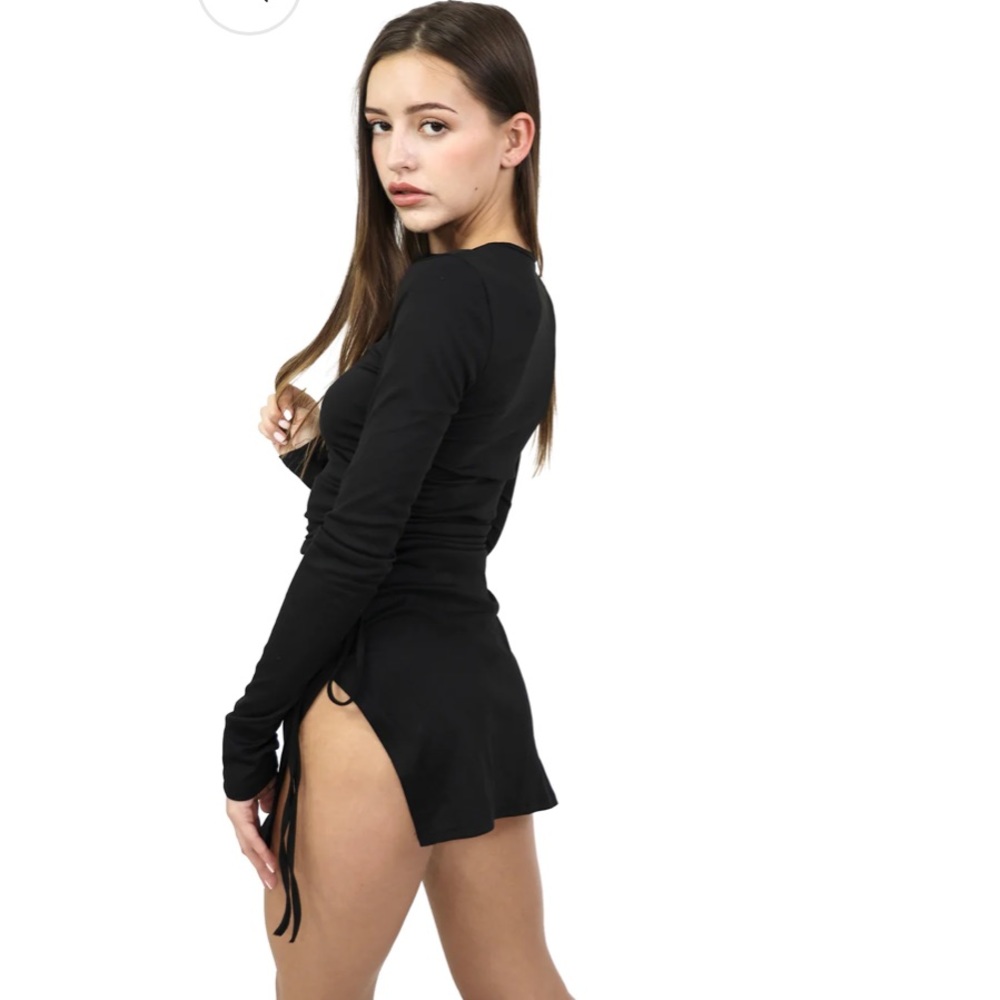 Black long sleeve ruched slit dress mini dress S are you am I ayai style